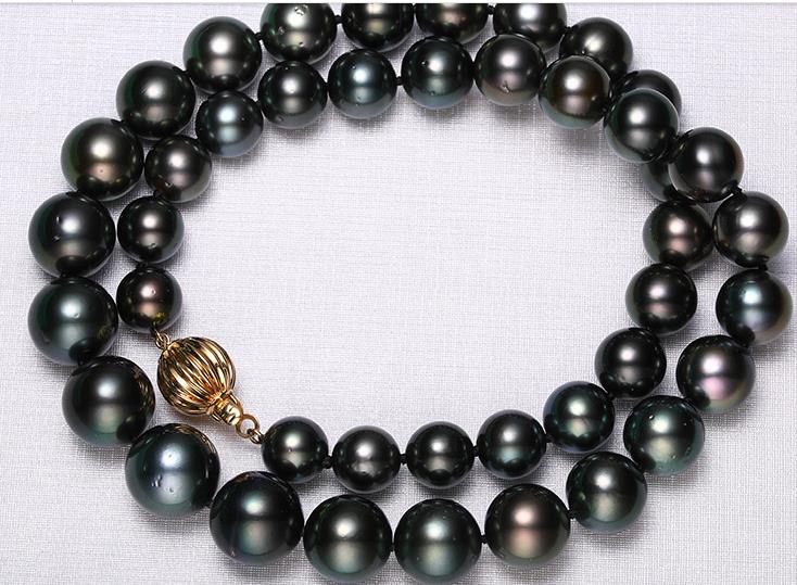 stunning 10-13mm tahitian round black green pearl necklace 18inch 14k