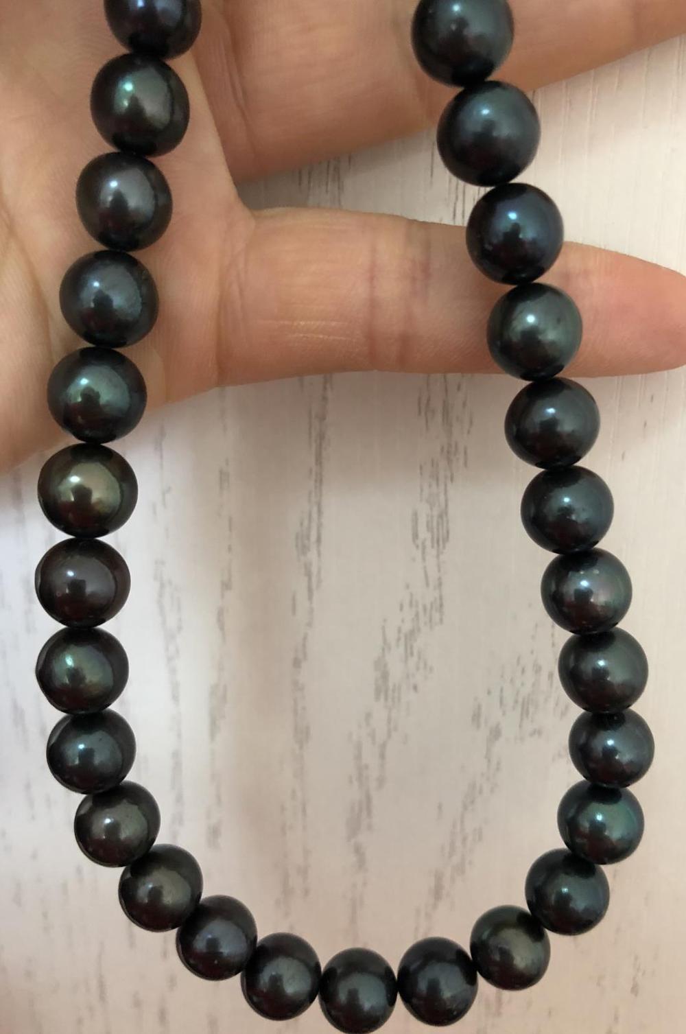 stunnining 10-11mm tahitian round black green pearl necklace 18inch 14k/20