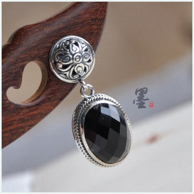 [sub] 925 Sterling Silver Silver Thailand Mohist silversmith manual Black Onyx retro classic Oval Earrings