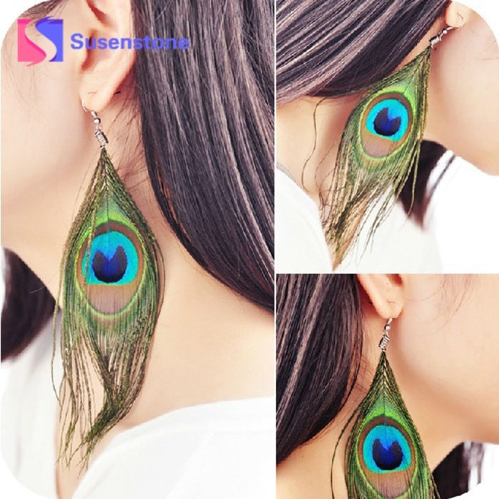 jewelry earrings for women Boho Charming Earring Simple Peacock Feather Vintage Luxury Long Dangle Earrings#0412