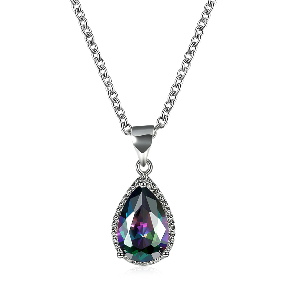 water drop crystal pendant necklace for women engagement gift silver color rainbow stone colorful fashion jewelry drop shipping