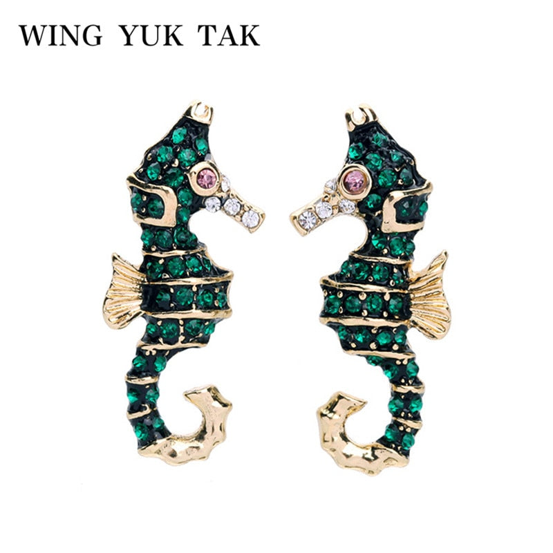 New Arrival Cute Statement Earrings Fashion Alloy Green crystal Hippocampus Stud Earrings for Women Charm Jewelry