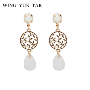 Office Earrings Women Gold Color Hollow Leaves Simple Opals Stone Drop Earrings 2018 New Fashion Jewelry