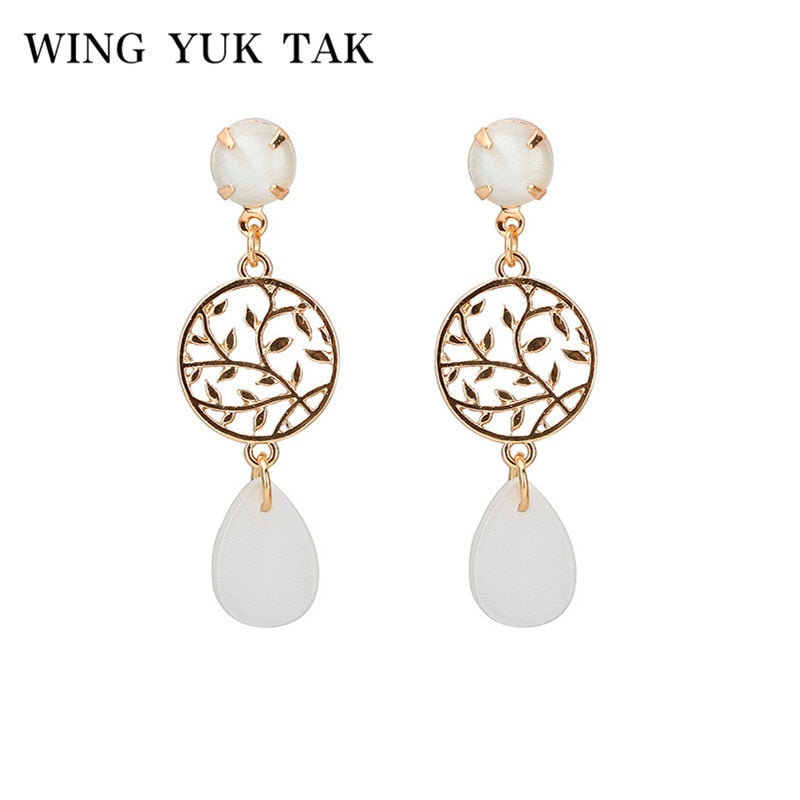 Office Earrings Women Gold Color Hollow Leaves Simple Opals Stone Drop Earrings 2018 New Fashion Jewelry