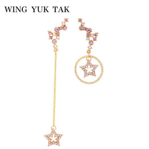 Office Style Simple Fashion Star Stud Earrings for Women Round Hollow Gold Color Earrings Asymmetry Crystal Jewelry