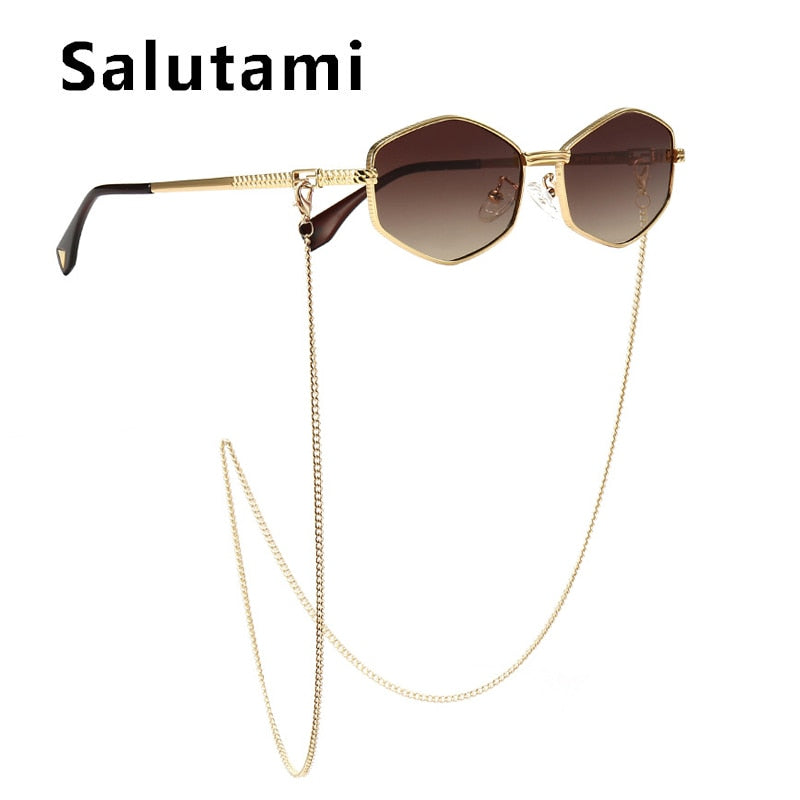 con catena Occhiali da sole quadrati irregolari piccoli per donna occhiali da sole con catena sfumata di marca occhiali da sole in lega femminile uv400
