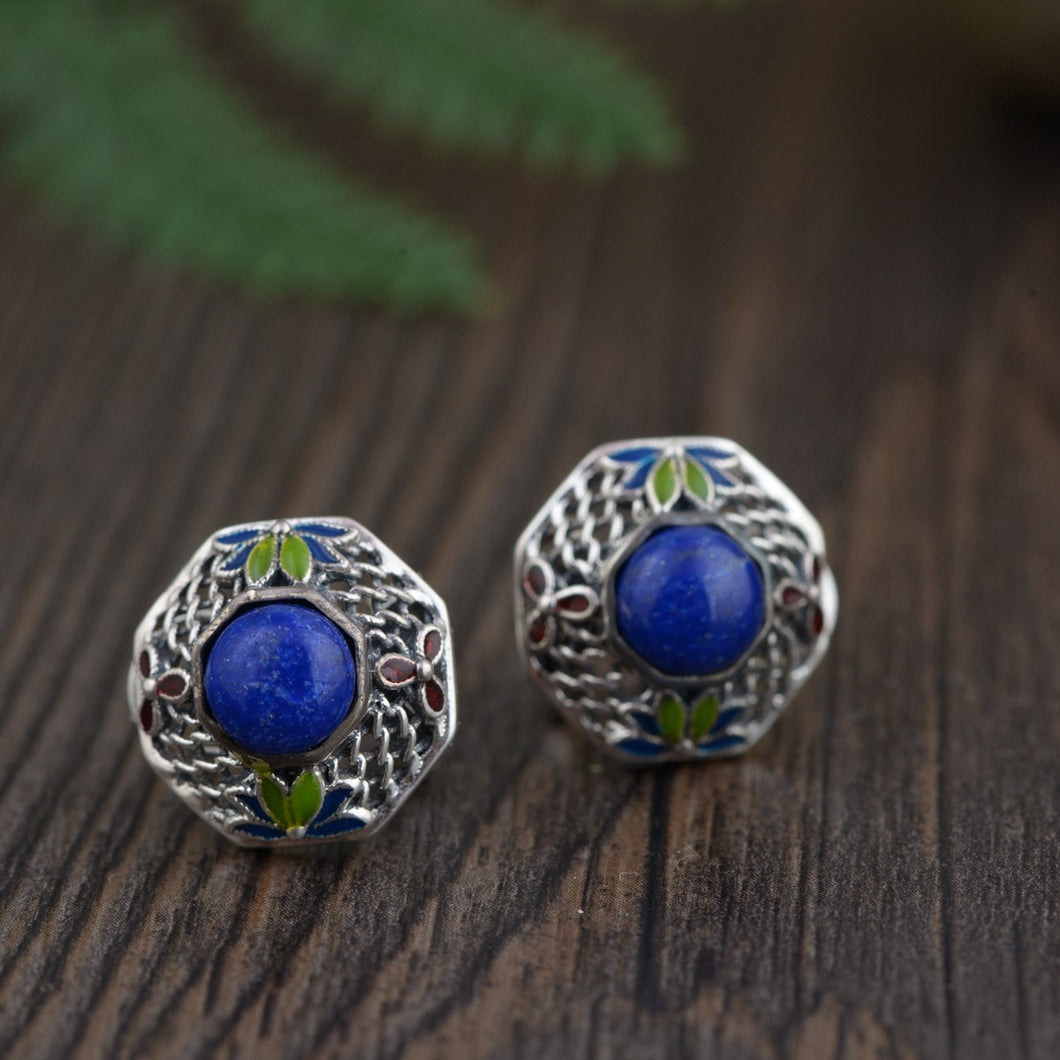 women first act the role ofing is tasted Pure manual hollow filaments burning blue with green Jin Shier button earrings