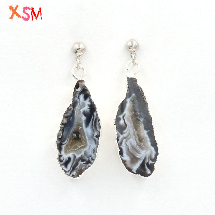 xinshangmie Silver Plated Natural Amethysts Agates Druzy Irregular Shape Drop Earrings Women Fashion Charm Jewelry 1Pair