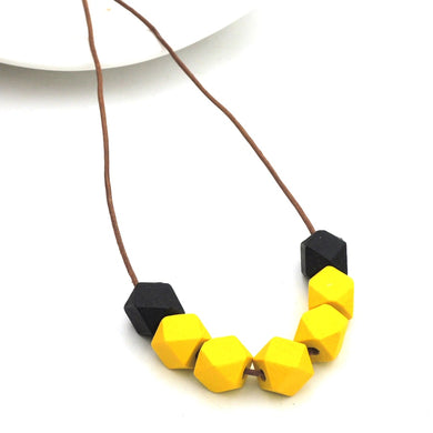 yellow black wood geometric necklace minimalist statement abstract leather cord adjustable NW344