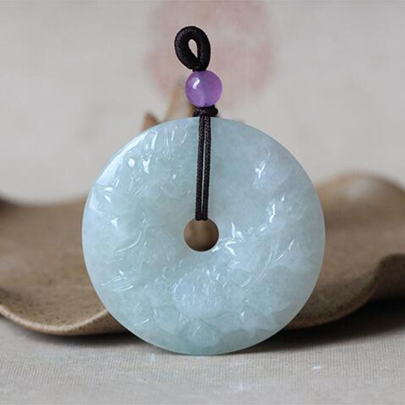yu xin yuan Fine Jewelry Natural Emerald Handmake Carved Flower Round Necklace Lucky Best Wishes women and men Jade Pendant